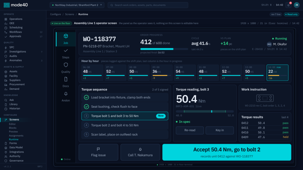 Operator screens for multi-line floors, and knowledge search in real time